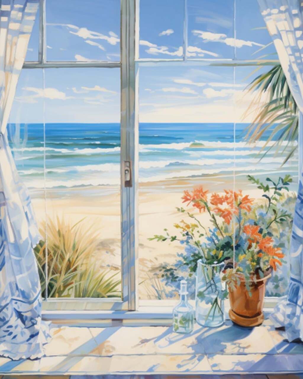 Beach Window Landscape Oil Painting Paint by Number Kits 16 x 20 inch Canvas Flowers Seaside Scenery DIY Oil Painting for Kids Students Adults Beginner with Brushes Acrylic Pigment (without Frame)